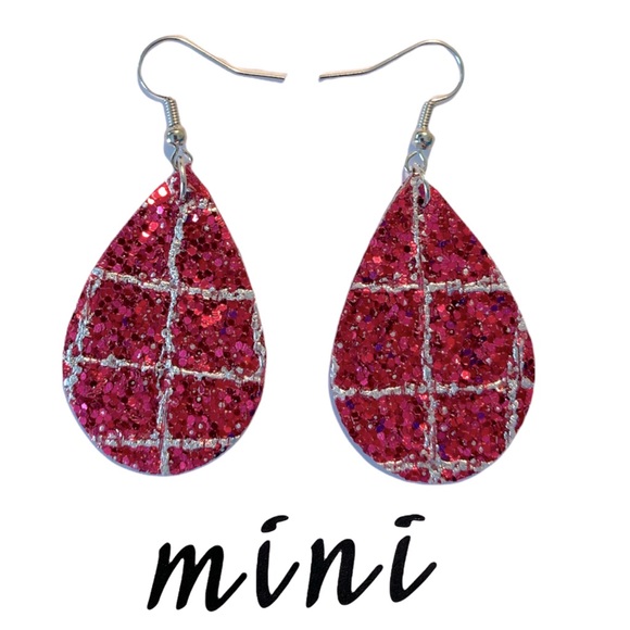 Mini Faux Leather Pink and Silver Glitter Teardrop Earrings - Picture 1 of 4